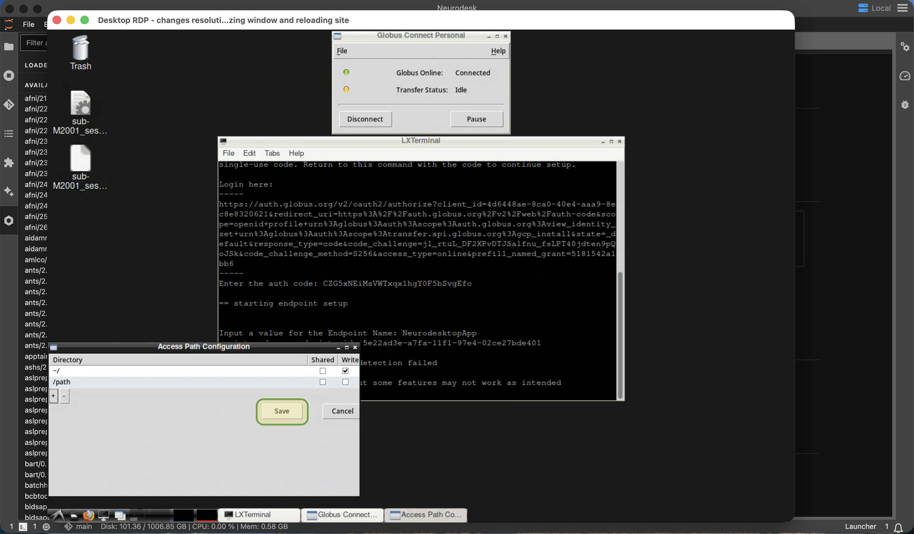 Globus Access Path Configuration window showing shared and writable directory options and the Save button