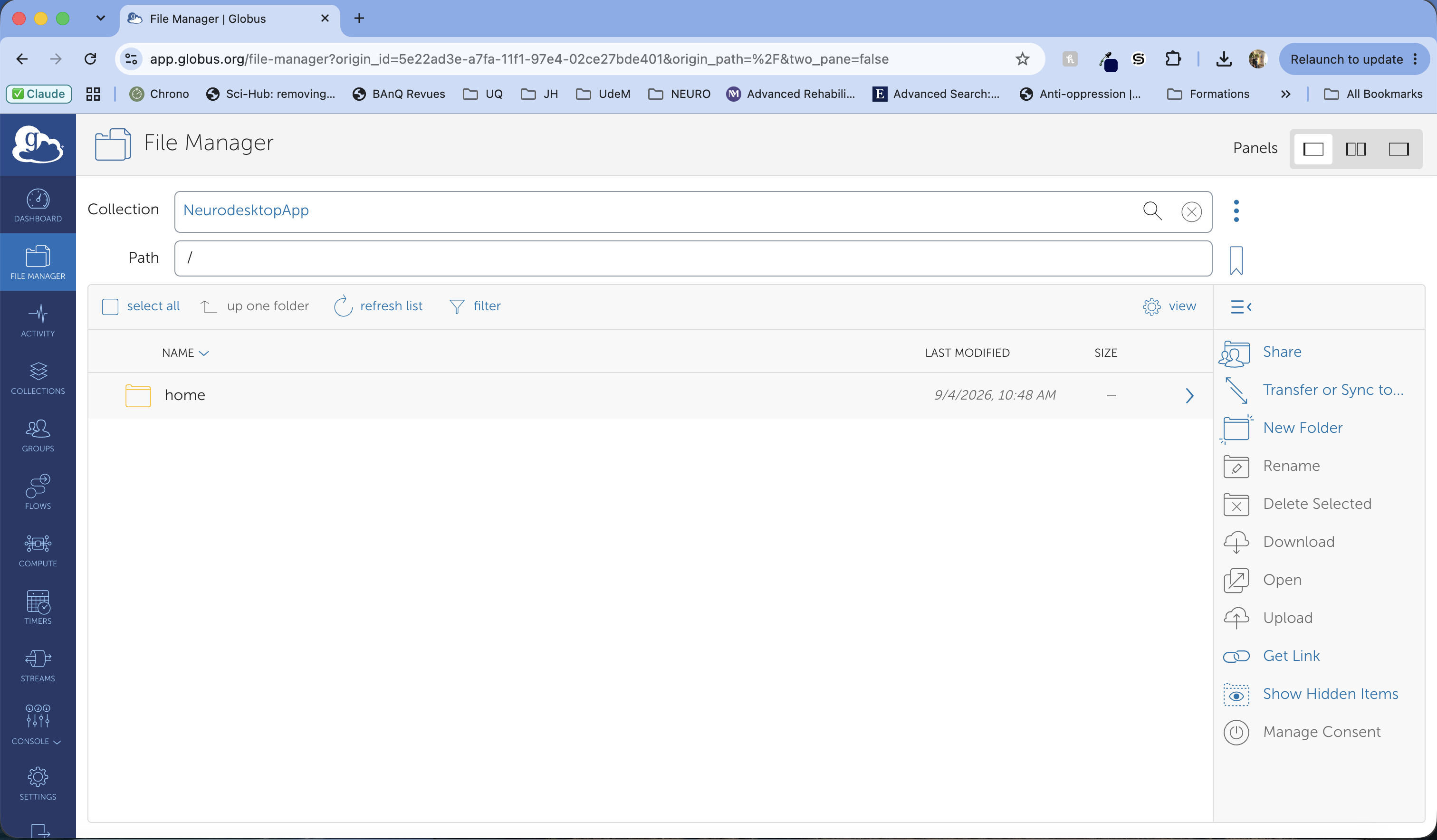 Globus file manager displaying the NeurodesktopApp collection and its shared home directory